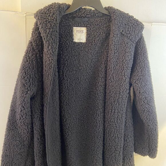 Victoria Secret black plush faux Sherpa jacket hoodie one size pockets - Picture 1 of 6